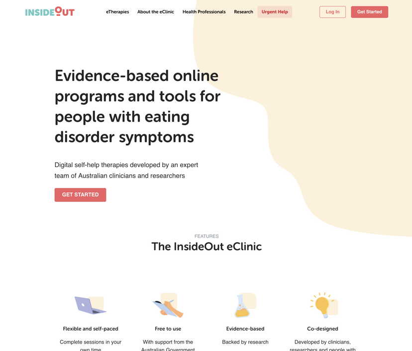 A screenshot of the InsideOut Institute eClinic website's Dgitial Therapies and Self-Monitoring Tools for Bulimia Nervosa and Binge Eating Disorder