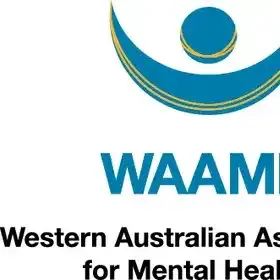 The image features the logo of the Western Australian Association for Mental Health, which consists of a stylized wave-like shape in shades of blue and green, along with the organization's name in bold text.