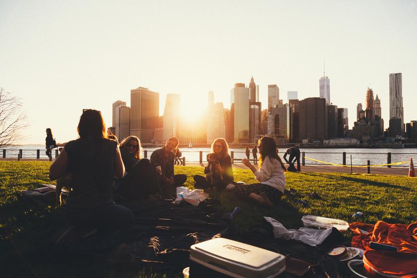 People having picnic in park with cityscape in background