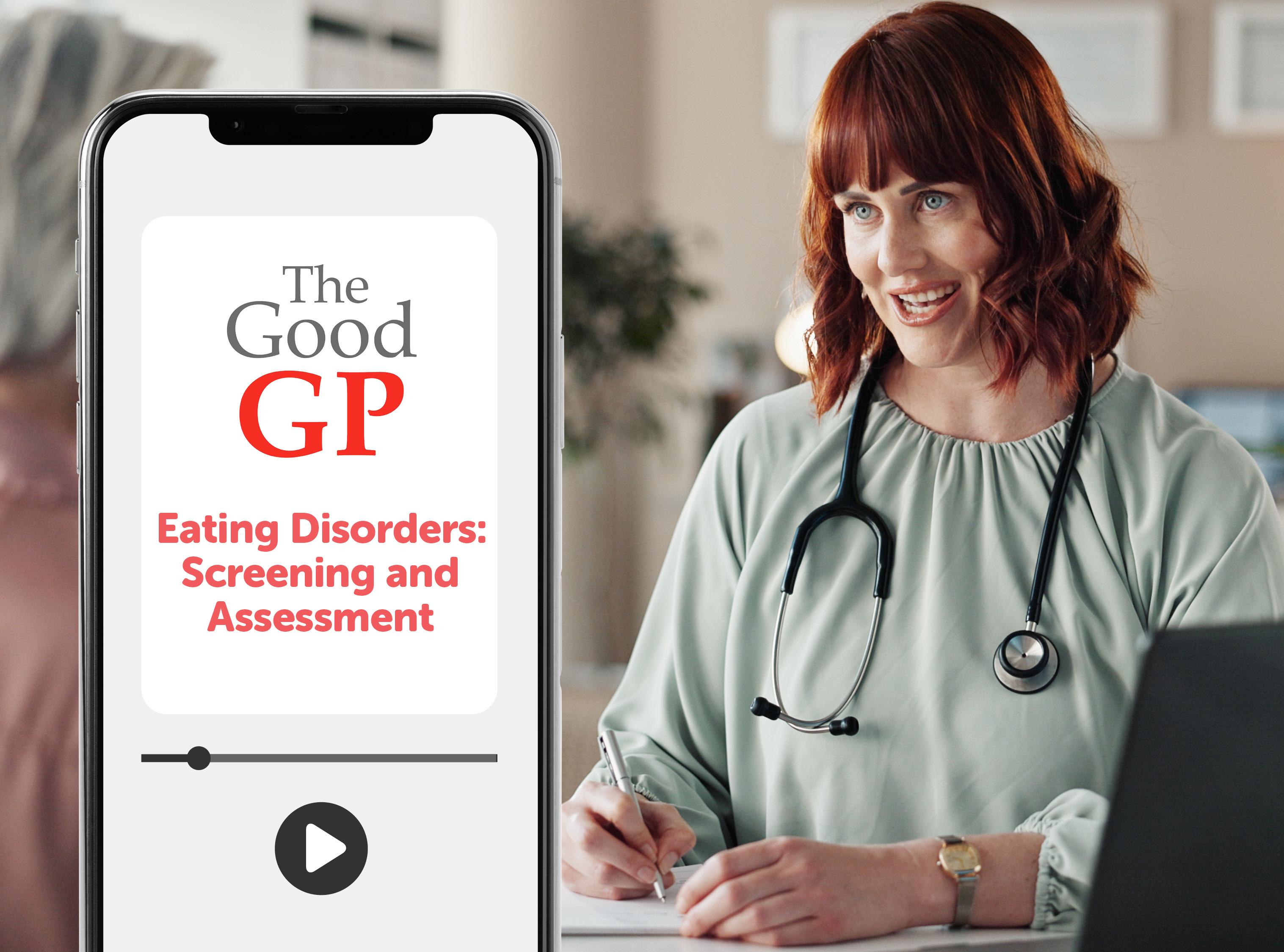 A female doctor with a stethoscope smiles while writing at her desk, with a smartphone displaying a video about eating disorders in the foreground and a blurred office in the background.