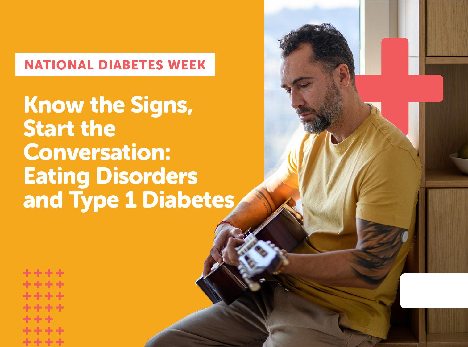A man with a glucose monitor on his arm plays a guitar in the foreground, while the background features text about National Diabetes Week and a large red cross.